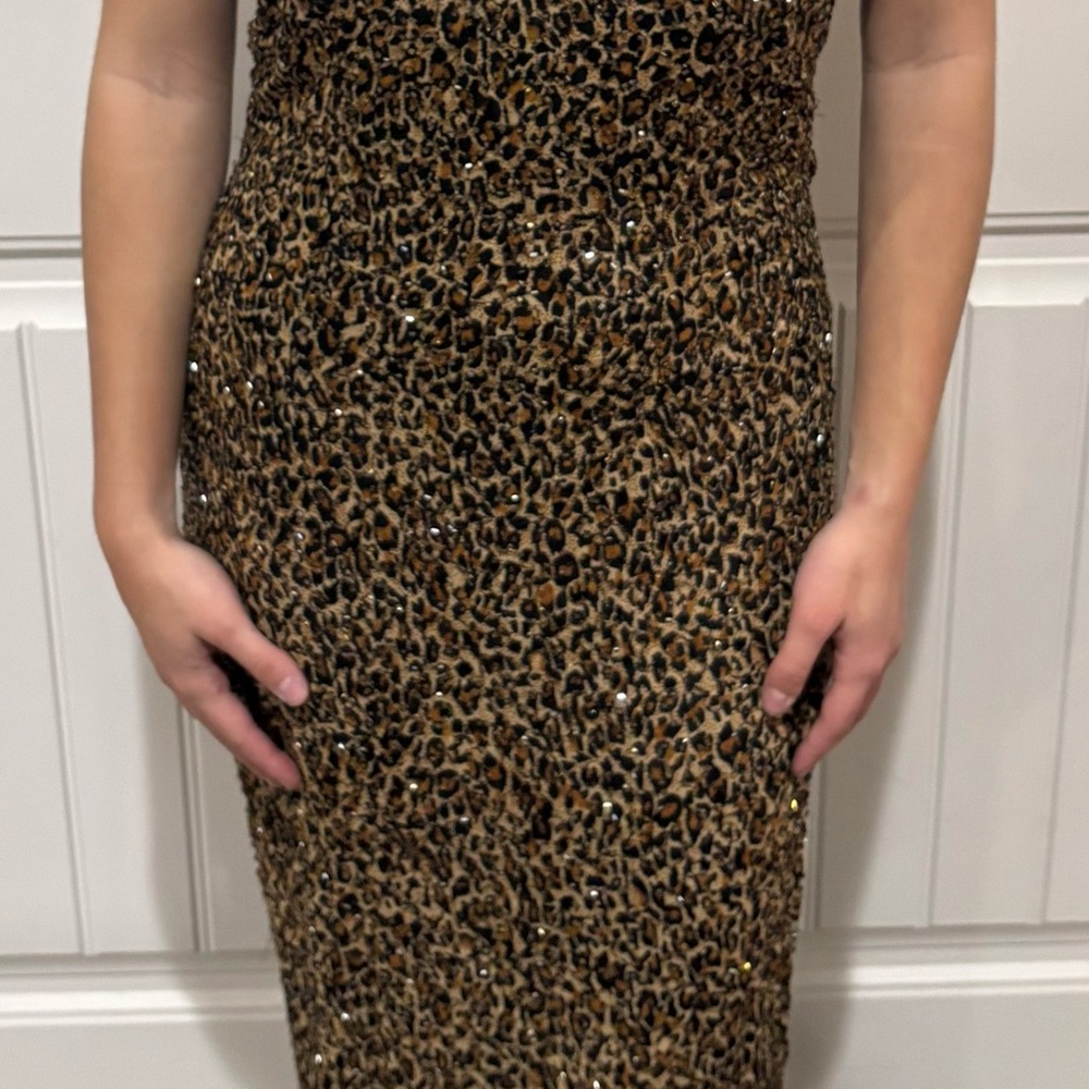 Leopard Print Sequin Bodycon Dress - Brown